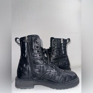 Fendi Women’s Biker Black Leather FF Embossed HF Nero Combat Boots Size 35
